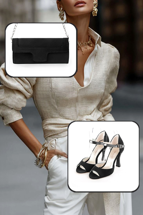 Dress sandals instep strap in matt black and antique silver leather with high spool heels and round toe - Top view